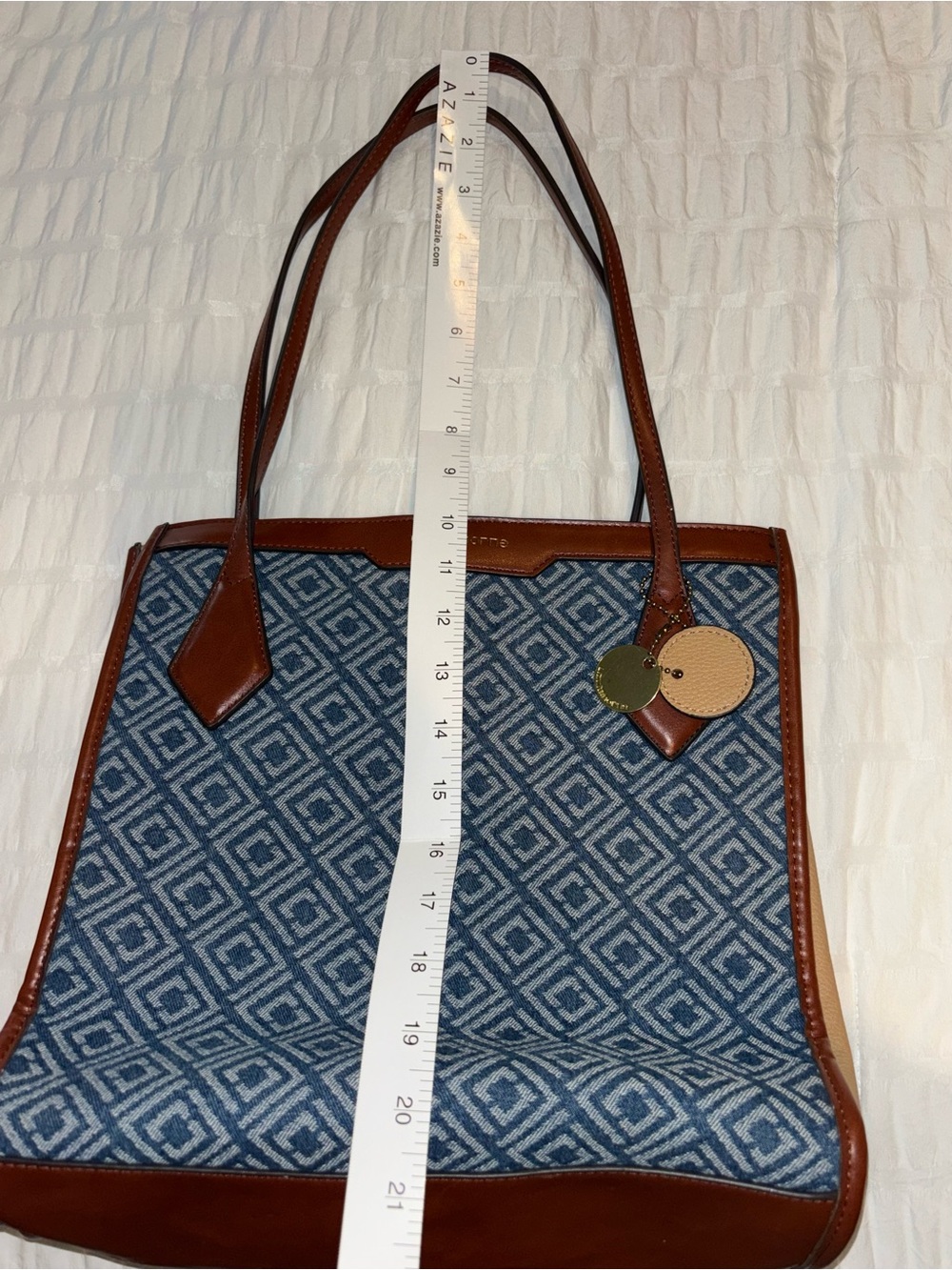 Liz Claiborne Blue Geometric Tote Bag Brown Trim Shoulder Purse - Picture 8 of 9